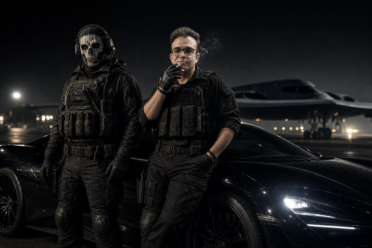 پرامپت عکس سینمایی با Ghost در فرودگاه نظامی | Call of Duty