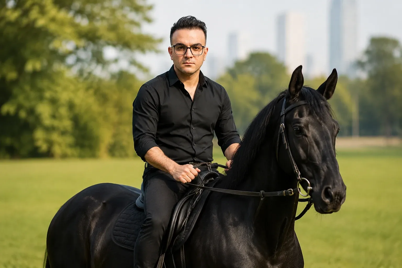 پرتره مردانه سوار بر اسب سیاه در طبیعت | Black Horse Portrait